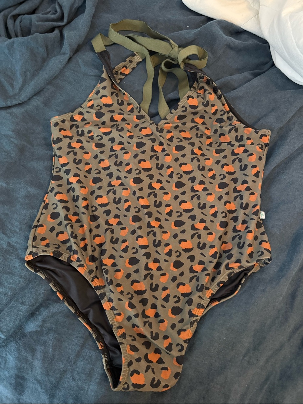 Posh Peanut Olive Green Leopard Print One-Piece Swimsuit with Orange Accents